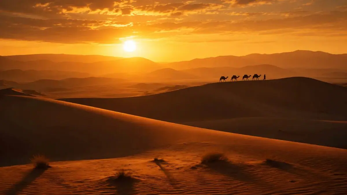 Camel trek toward the Zagora dunes at sunset