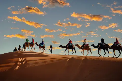 Private Morocco tours – Camel caravan crossing the Sahara dunes at sunset